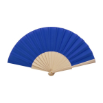 Éventail à main fabriqué en bois et polyester avec design uni couleur bleu roi troisième vue frontale