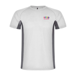 T-shirt de sport bicolore pour enfant en polyester 140 g/m² Roly Bicolor Kinder-Sport-T-Shirt aus Polyester, 140 g/m2 Roly couleur blanc vue impression sérigraphique