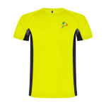 T-shirt de sport bicolore pour enfant en polyester 140 g/m² Roly Bicolor Kinder-Sport-T-Shirt aus Polyester, 140 g/m2 Roly couleur jaune vue impression sérigraphique