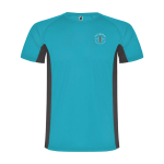 T-shirt de sport bicolore pour enfant en polyester 140 g/m² Roly Bicolor Kinder-Sport-T-Shirt aus Polyester, 140 g/m2 Roly couleur turquoise vue impression sérigraphique