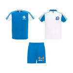 Ensemble sportif unisexe en polyester, 2 T-shirts Roly 140 g/m2 Unisex-Sportset aus Polyester mit 2 T-Shirts, 140 g/m2 Roly couleur blanc/bleu vue impression sérigraphique
