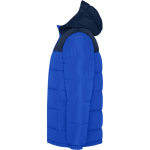 Veste unisexe bicolore style doudoune polyester et capuche Roly couleur bleu roi vue latérale