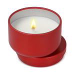 Bougie en cire végétale dans un pot en acier recyclé circulaire couleur rouge deuxième vue