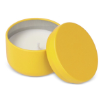 Bougie en cire végétale dans un pot en acier recyclé circulaire couleur jaune troisième vue