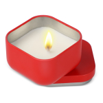 Bougie en cire végétale avec parfum vanille dans un pot en métal carré couleur rouge deuxième vue
