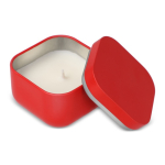 Bougie en cire végétale avec parfum vanille dans un pot en métal carré couleur rouge troisième vue