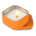 Bougie en cire végétale avec parfum vanille dans un pot en métal carré couleur orange deuxième vue