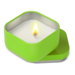 Bougie en cire végétale avec parfum vanille dans un pot en métal carré couleur vert lime deuxième vue