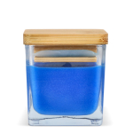 Bougie en cire végétale dans un pot en verre avec couvercle en bambou couleur bleu quatrière vue