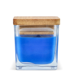 Bougie en cire végétale dans un pot en verre avec couvercle en bambou couleur bleu cinquième vue
