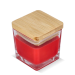 Bougie en cire végétale dans un pot en verre avec couvercle en bambou couleur rouge