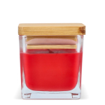 Bougie en cire végétale dans un pot en verre avec couvercle en bambou couleur rouge quatrière vue