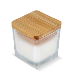 Bougie en cire végétale dans un pot en verre avec couvercle en bambou couleur blanc