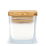 Bougie en cire végétale dans un pot en verre avec couvercle en bambou couleur blanc quatrière vue