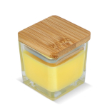 Bougie en cire végétale dans un pot en verre avec couvercle en bambou couleur jaune