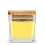 Bougie en cire végétale dans un pot en verre avec couvercle en bambou couleur jaune cinquième vue