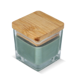 Bougie en cire végétale dans un pot en verre avec couvercle en bambou couleur vert olive