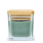 Bougie en cire végétale dans un pot en verre avec couvercle en bambou couleur vert olive quatrière vue