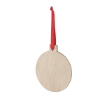 Décoration en forme de boule de Noël en bois avec un ruban rouge couleur bois première vue