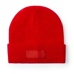 Bonnet élastique pour enfants avec ourlet et étiquette frontale couleur rouge première vue