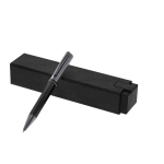 Stylo acier inoxydable, manche au design hexagonal et encre bleue couleur noir première vue
