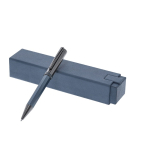 Stylo acier inoxydable, manche au design hexagonal et encre bleue couleur bleu marine première vue