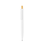 Stylo en plastique recyclé avec bouton poussoir en bambou, encre bleue couleur blanc première vue