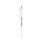Stylo en plastique recyclé avec bouton poussoir en bambou, encre bleue avec zone d'impression