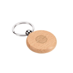 Porte-clés rond en bois de hêtre naturel avec anneau en métal couleur naturel image avec logo