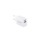 Adaptateur secteur en plastique recyclé avec deux ports USB couleur blanc image avec logo