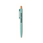 Stylo monochrome avec bouton en bambou et encre bleue couleur bleu ciel vue avec zone d'impression
