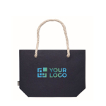 Sac de plage en feutre RPET avec poignées en corde naturelle couleur bleu vue avec zone d'impression