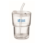Verre avec couvercle anti-goutte et paille en verre 300ml couleur transparent vue avec zone d'impression