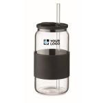 Verre en borosilicate avec paille assortie et bande en silicone 550ml couleur noir vue avec zone d'impression