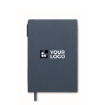 Carnet à couverture rigide avec stylo à l'intérieur, pages lignées A5 couleur bleu marine vue avec zone d'impression
