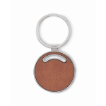 Porte-clés en métal forme ronde avec incrustation en cuir synthétique couleur marron