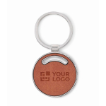 Porte-clés en métal forme ronde avec incrustation en cuir synthétique couleur marron vue avec zone d'impression