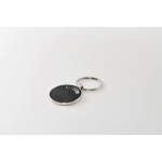 Porte-clés en métal forme ronde avec incrustation en cuir synthétique couleur noir troisième vue photographique
