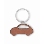 Porte-clés métallique forme de voiture incrustation cuir synthétique couleur marron