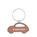 Porte-clés métallique forme de voiture incrustation cuir synthétique couleur marron vue avec zone d'impression