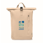 Sac à dos à roll-top en coton recyclé avec fermeture éclair frontale couleur beige vue avec zone d'impression