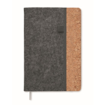 Carnet avec couverture en feutre RPET et liège, pages lignées A5 couleur gris foncé