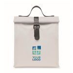 Sac isotherme roll-top en polyester avec anse et fermeture en cuir couleur blanc vue avec zone d'impression