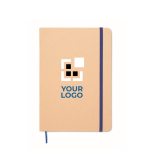 Carnet en carton avec bande et marque-page coloré, pages lignées A5 couleur bleu vue avec zone d'impression