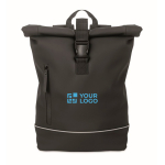 Sac à dos roll-top bande réfléchissante imperméable 15 pouces couleur noir vue avec zone d'impression
