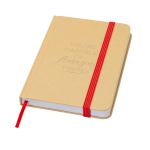 Carnet A6 à couverture rigide en papier recyclé feuilles lisses couleur rouge vue détail avec logo