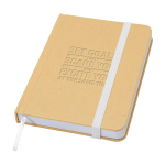 Carnet A6 à couverture rigide en papier recyclé feuilles lisses couleur blanc vue détail avec logo