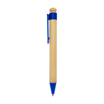 Stylo en bambou et plastique recyclé avec clip, encre noire couleur bleu vue latérale