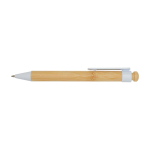 Stylo en bambou et plastique recyclé avec clip, encre noire couleur blanc deuxième vue frontale