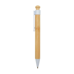 Stylo en bambou et plastique recyclé avec clip, encre noire couleur blanc vue latérale